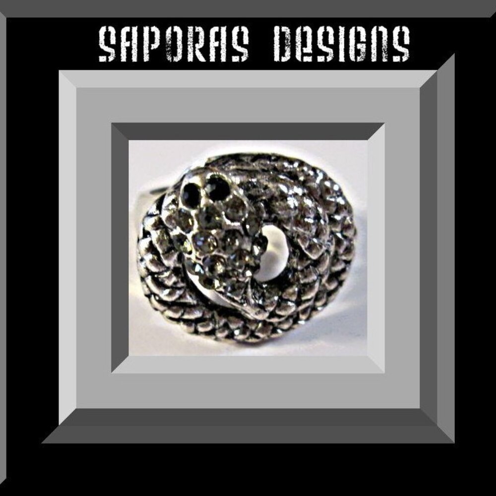 Silver Tone Snake Design Ring With Clear & Black Crystals Size 7 Unisex Gothic